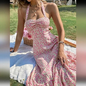 Floral Print Shirred Ruched Bust Tie Backless A-line Dress